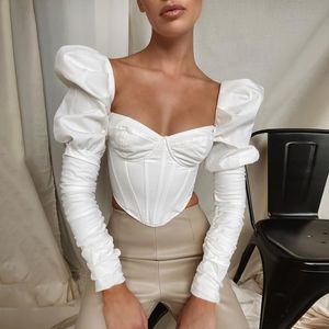 QNPQYX New Fashion Puff Sleeve T Shirts Crop Top Women Long Sleeve Bustier Top Autumn Ladies Black/white Elegant Top Streetwear
