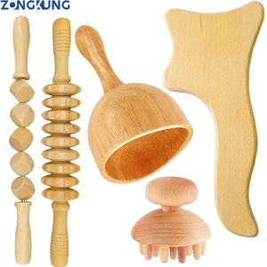 Andra massageföremål Zongkung Wood Therapy Massage Stick Maderoterapia Kit Wood Gua Sha Set Lymfatisk dränering Massager Fascial Roller Stick 230701