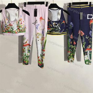 Yoga slitage Hög midja Leggings Tryckt design med BH Tvåbit ärmlös träningslitage Fitness Casual Sports Gym Set