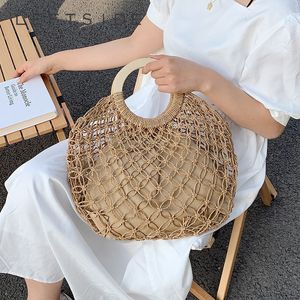 Sacos de compras LEFTSIDE Bohemia Hollow Out Feminino Weave Straw Tote Bag Summer Travel Round Handle Beach Bags Handmade Lady Handbag 230701