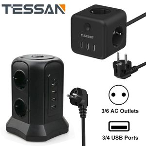 Cortinas Tessan Multi Vertical Tower Power Strip Sobrecarga Proteção de 6 maneiras de soquete UE 4 Portas USB Extensão