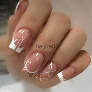 False Nails 24Pcs Glitter Short Square Head False Nail with French Edge Full Cover Fake Nails Tips Wearable Ballet Finished Press on Nails x0703