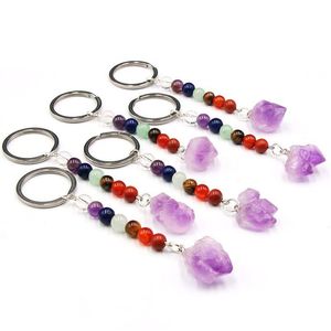 Chaveiros 7 Chakra Pedra Natural Porta-bolsa Irregar Cristal Ametista Pedras de Quartzo Chaveiros Pendentes Fechos de Carro Correntes Drop Dhtuq