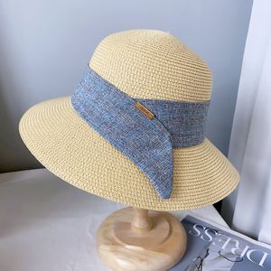 女性のための夏の広い格子縞のストロー太陽の帽子長い花柄のリボン屋外旅行ビーチハット保護パナマキャップ2023