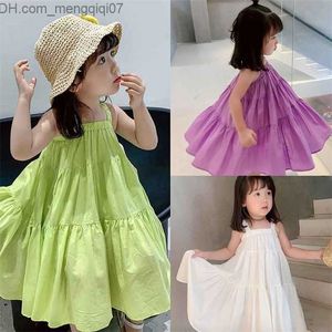 Girl's Dresses 2-7Y Kids Baby Girls Sling Dress Summer Girl Dress Beach Dresses Purple Fluorescent Green White Dress Children's Clothes 220712 Z230704