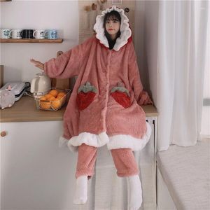 Women's Sleepwear Women Pajamas Cute Strawberry Suit Flannel Warm Hooded Nightgown Girls Home Service Winter Long Bathrobe