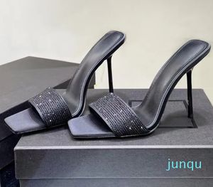 grife feminino Meia pantufa incrustada de cristal Salto agulha Metálico Strass Sandálias 11,5 cm Luxo Sexy fashion Salto alto