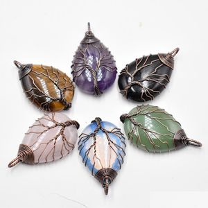 Charms Natural Stone Crystal Tree Of Life Antique Waterdrop Pendants Rose Quartz Wire Wrapped Trendy Jewelry Making Wholesale Drop D Dhwse