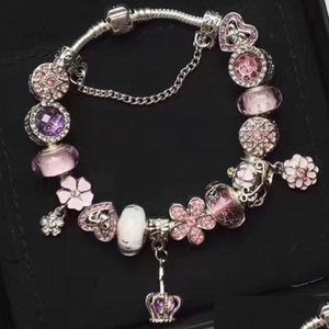 Charm Bracelets Fashion 925 Sterling Sier Pink Murano Lampwork Glass European Beads Five Petals Flower Crystal Crown Pendure Fits Pan Dhvsf