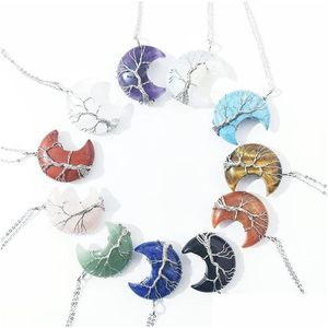 Hänge halsband sten kristall halvmåne måne charms koppar garnträd av livstråd wrap ametyst tiger eye rose kvarts grossist je dhxzq