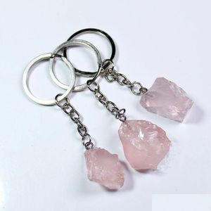 Key Rings Natural Stone Rose Quartz Citrine Irregar Ore Keychains Healing Crystal Car Decor Keyholder For Women Men Drop Delivery Jew Dhkw8