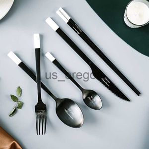 Geschirr-Sets, Edelstahl-Geschirr-Sets, Messer und Gabel, Löffel, Geschirr, Steak, Essstäbchen, Löffel-Set, Schwarz, einfaches westliches Geschirr x0703