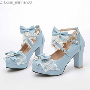 Dress Shoes Dress Shoes Cross Strap Women High Heels Mary Jane Pumps Party Wedding Cosplay White Pink Black Strawberry Bow Princess Cosplay Lolita Shoes Z230703