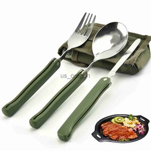 Bestickset i rostfritt stål Bärbar hopfällbar bestickset Gaffelkniv med armégrön påse Survival campingväska Utomhusbestickbehållare x0703