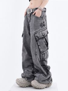 Women s Jeans Cargo Pant High Street Vintage Washed Waisted Woman Casual Wide Leg Baggy Clothing 230701