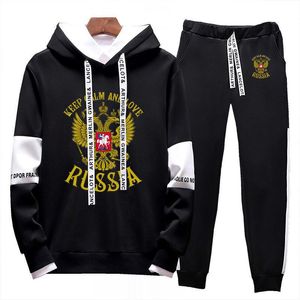 Suits Russia Badge Gold Eagle Print Autumn Winter 2Pcs Sets Tracksuit Men Hooded Sweatshirt+Pants Pullover Hoodie Sportwear Suit