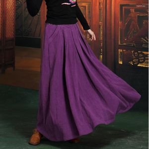 Saias 2023 Longas Maxi Algodão Linho Outono E Inverno Saia Para Mulheres M-XL Cintura Elástica Roxo Verde Grosso