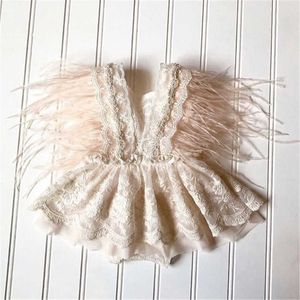 Footies Princess Infant Baby Girls Lace Embroidery Romper Dress Sweet Baby Feathers Fly Sleeve Backless White Jumpsuit Summer RomperHKD230701