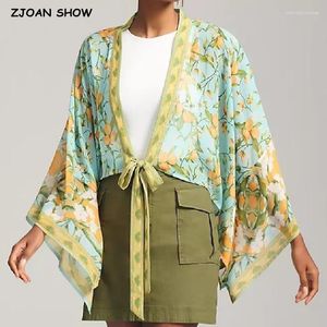 Damenbadebekleidung 2023 BOHO Frauen Grüne Frucht Zitronendruck Kimono Shirt Fledermausärmel V-Ausschnitt Schnürung Up Bow Tide Cardigan Sommer Strand Cape