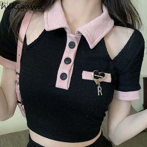 女性のTシャツの女性S Tシャツ夏tシャツセクシーなホローオフショルダーチュニックTシャツ韓国ファッションY2KクロップトップBlusas Mujer de Moda 230207 Z230703