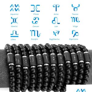 Mens Frisado 12 Constellation Black Beads Strand Zodiac Charm Bracelet Couple Bracelet Cancer Leo Virgo Libra Tecido Lover Friendship Bracelets Dhpef