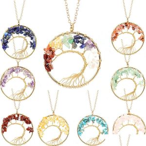 Collane con ciondolo Lotti Irregar Chip Stone Crystal Wire Wrap Tree Of Life Ametista Quarzo rosa Collana di perline di chakra per le donne Jewelr Dhgkn