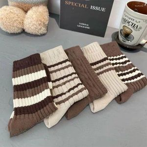 Women Socks Retro Brown Striped Versatile Medium Tube Autumn Winter Japanese Sports Thermal Insulation Men Cotton