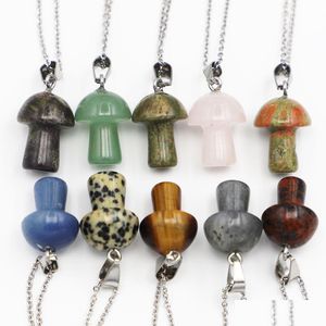 Pendant Necklaces Lots Colors Carving Mushroom Shape Reiki Healing Crystal Tiger Eye Rose Quartz Opal Aventurines Necklace For Women Dhxjp