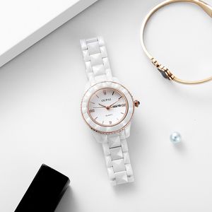 Zegarki damskie OUPAI przyjazd biały ceramiczny zegarek kobiety prosta moda wodoodporna luksusowa dama diamentowy szlif podwójny kalendarz 230703