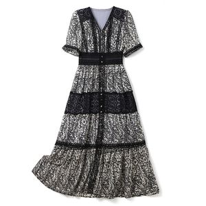 2023 여름 블랙 플로럴 프린트 레이스 드레스 짧은 소매 v- 넥 미디 캐주얼 드레스 W3L041004