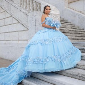 Sky Blue Sweetheart Ball Gown Quinceanera Dresses 2024 Off Shoulder Beaded Applicques 3Dflower Sweet 16 Dress Vestidos DE 15 ANOS