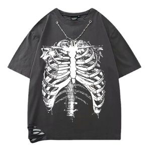 Mäns T-shirts Summer Gothic Skeleton Print T-Shirts With Chain Hole Men Casual Cotton T Shirt unisex andningsbara tees streetwear y2k kläder 230701