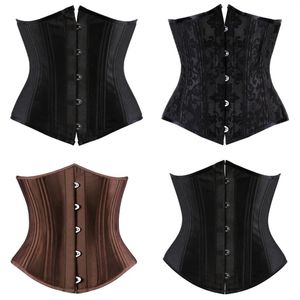 Women Black Corset Top 12st Steel Boned Satin Underbust vadderad snörning Bodysapers midja Train Corset Slim Body Shaperwear Plus S294K