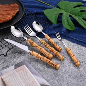 Geschirr-Sets, Steakmesser, Gabel, Löffel, Geschirr, Bambusgriff, Edelstahlgeschirr, westliches Essen, Messer, Gabel und Löffel, Küchenartikel x0703