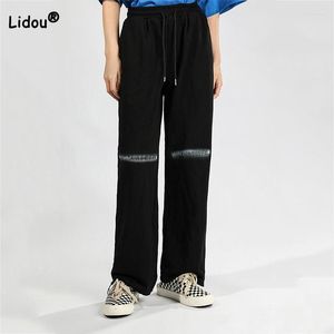 Women's Pants Korean Paint Splash Letter Printed Leggings Sweatpants Spring Autumn Black All-match Drawstring Pockets Straight Trousers