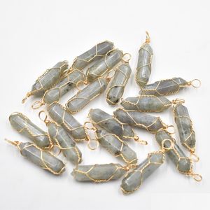 Charms Gold Wire Natural Stone Labradorite Hexagonal Healing Reiki Point Pendants for Jewelry Making Drop Leverans Finds Component DH4Z2