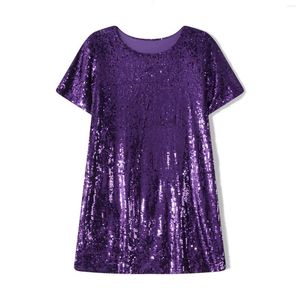 Fritidsklänningar Puloru Sparkle Paljetter Sommar T-shirts Klänning Kortärmad Dam Besättningen Hals Lös Mini Street Daglig Fest