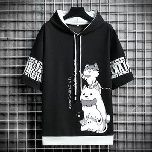 Erkek Hoodies Sweatshirts Japonya Moda Yaz Erkekler Giyim Karikatür Kısa Kollu Harajuku Sokak Giyim Baskı Kapşonlu Top 230703