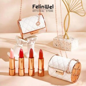 Ruj Felinwel - 4 PCS Set Mat Pırıltılı Velvet Ruj Uzun ömürlü makyaj seti Kore moda zinciri çantası oyulmuş ruj 230703