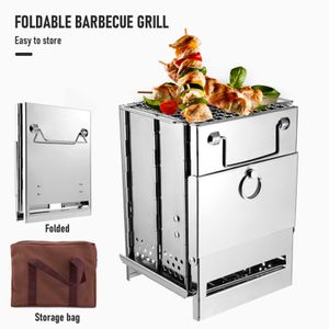 Camp Kitchen Camping Wood Stove Stainless Steel Foldable Mini Charcoal Grill Lightweight Barbecue for Outdoor Picnic Equipment 230701