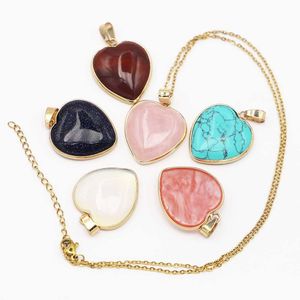 Pendant Necklaces Natural Stone Mticolor Healing Gold Edged Heart Shaped Gemstone Pendants Reiki Charms Fashion Diy Jewelry Accessor Dhjla