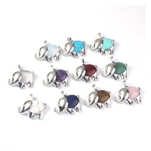 Charms Natural Gem Stone Elephant Shape Pendants Opal Crystal Rose Quartz Diy Necklaces Jewelry Making Wholesale 36X26Mm Drop Delive Dh8Oi