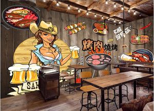 Papéis de parede Mural personalizado 3d Po papel de parede desenhado à mão mulher bonita churrasco cerveja restaurante sala de estar para paredes 3 D em rolos