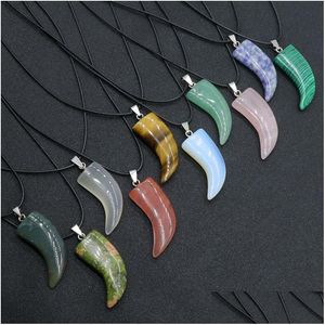 Pendant Necklaces Natural Stone Gem Carved Ox Horn Shape Rose Quartz Crystal Jade Onyx Necklace Healing Guardian Jewelry For Men Rop Dhnhx