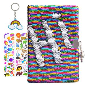 Notepads Kid Girls Sequin Notebook Diary Christmas Gift Flip Sequin Journal Rainbow Diary with Lock and Keys 1 Keychain 2 Stickers 230703