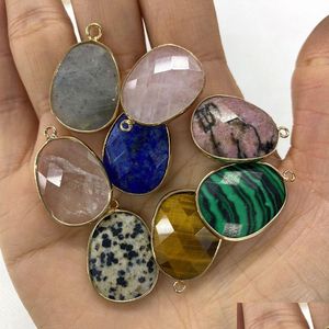 Charms 18X25Mm Natural Crystal Stone Oval Green Rose Quartz Pingentes Gold Edge Trendy Para Colar Brincos Fazendo Jóias Atacado Dh6Iq