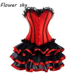 Korsett Spitzenrock Sexy Damen Korsett und Bustier Burlesque Partykleid Gothic Kleid Sexy Spitze Taille Trainer Rot Set202Y