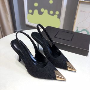 Black Women Metal Designer Dress Pointed Toe High Heels Fine Heel Patent Leather Tweed Sandaler Sexiga festskor 9cm med ruta 45758 49761 51519