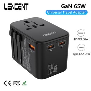 Netzkabelstecker LENCENT 65 W GaN Universal-Reiseadapter mit 1 USB-Anschluss 2 Typ C PD3.0 Schnelllade-Netzteil EU/UK/USA/AUS-Stecker für Reisen 230701