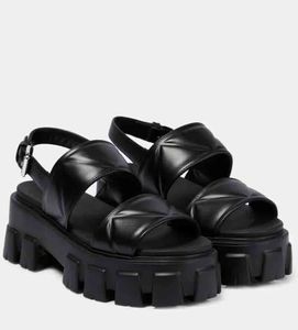 2023 Compensées d'été Sandales pour femmes brossées Talon en cuir blanc noir Plate-forme en cuir Monolith SANDAL Triangle logo-designers Bride à la cheville plate Noir Blanc avec boîte